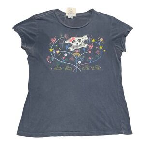 Y2K Scrapbook Multicolor Heart Skull‎ Floral Blue Cotton Shirt Youth XL